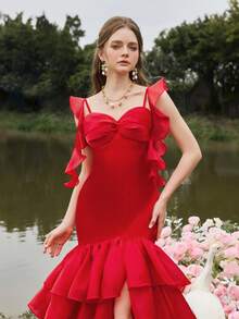 Faeriesty 奢华华丽缎面荷叶边肩部晚礼服 - 多层薄纱美人鱼裙，适合庆典、婚宴、舞会和生日派对的正式礼服 - 紅色 - 查看 5
