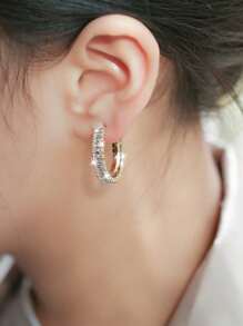 1 Pair Fashionable Rhinestone Inlaid Square C-Shaped Hoop Earrings, Suitable For Parties And Weddings