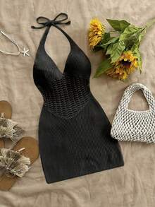 Robe d'été bohème pour femmes à col en V, col ras-du-cou, dos nu, transparente et courte - Noir - Voir 7