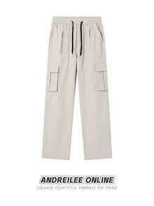 Men's Cargo Pants Elastic Waist Long Pants Woven Straight Leg Loose Casual Minimalist Style Dual Pockets Drawstring Cargo Long Pants Spring Summer - Apricot - View 6