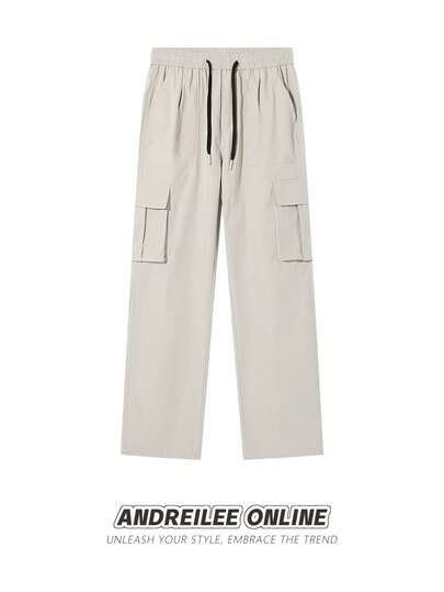 Pantalones cargo livianos informales de ajuste relajado con cordón en la cintura y múltiples bolsillos, versátiles para primavera/verano, para hombres