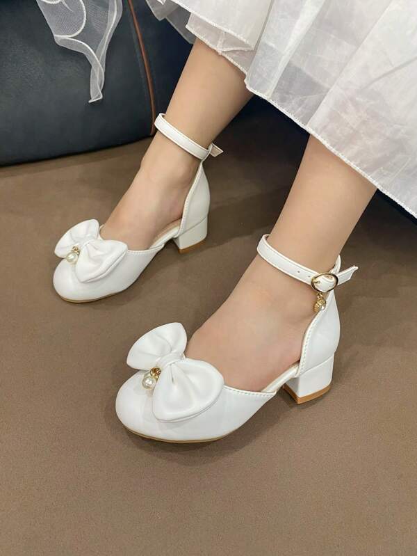 1 Pair Cute White Girls High Heel Shoes With Round Toe, Comfortable Bowknot & Pearl Pendant Decor, Suitable For Girls Birthday Gift, Party, Important Occasions, Music Stage