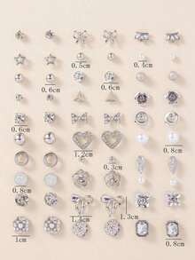 30pairs Set Elegant Minimalist Rhinestone Flower, Heart, Bow Stud Earrings Set, Luxury Gift For Women Valentines,Mom,Mother,Mother's Day,Gift(Random Selection For Shipping) - 隨機 - 查看 6