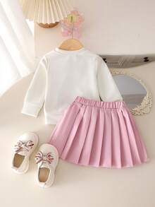 2 件套幼儿女童可爱长袖蝴蝶结上衣 + 裙子套装，春秋季薄款休闲套装 - 白色 - 查看 2