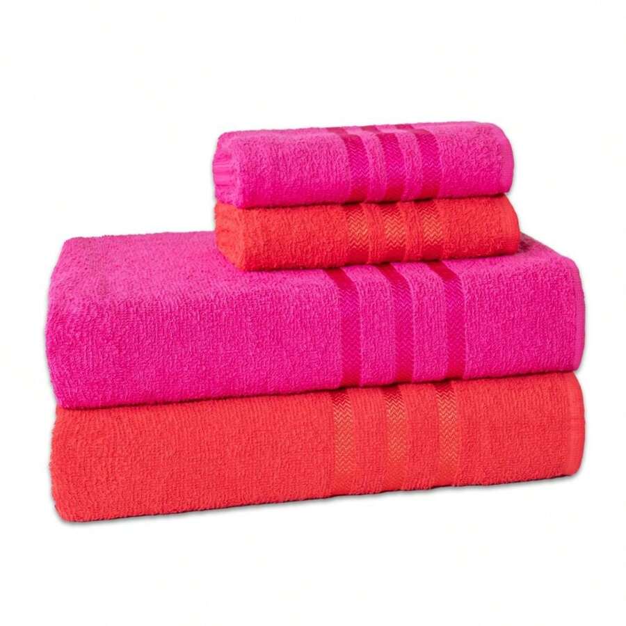 Europa Enxuta 4-Piece Towel Set 100% Cotton - Large Thick - 紅色和粉紅色 - 查看 1