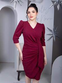 Women's Lurex Party Midi Dress 3/4 Sleeve V Neckline - 紅木色 - 查看 2