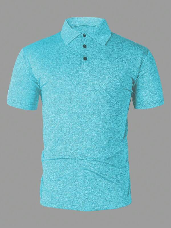 Camisa polo masculina casual de cor sólida com gola de botão, design simples, adequada para esportes e atividades ao ar livre - tênis e golfe