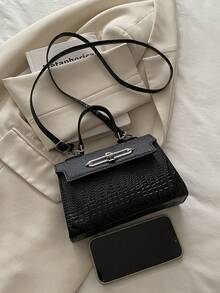 时尚简约鳄鱼纹PU压痕五金锁扣装饰翻盖手提包，多功能女士斜挎包。适合逛街、拎包、购物、年轻女性、大学生、新人、白领。非常适合办公室、大学、工作、商务、通勤、户外活动、旅行和短途旅行。