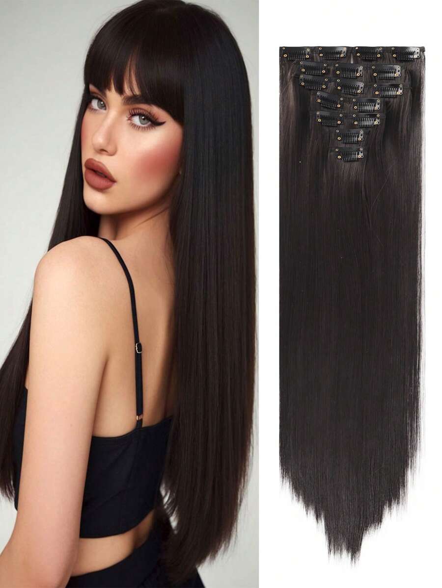 Set de 7 extensiones de cabello sintéticas de 18-32 pulgadas con clip, color negro y marrón, piezas de cabello completas para mujeres