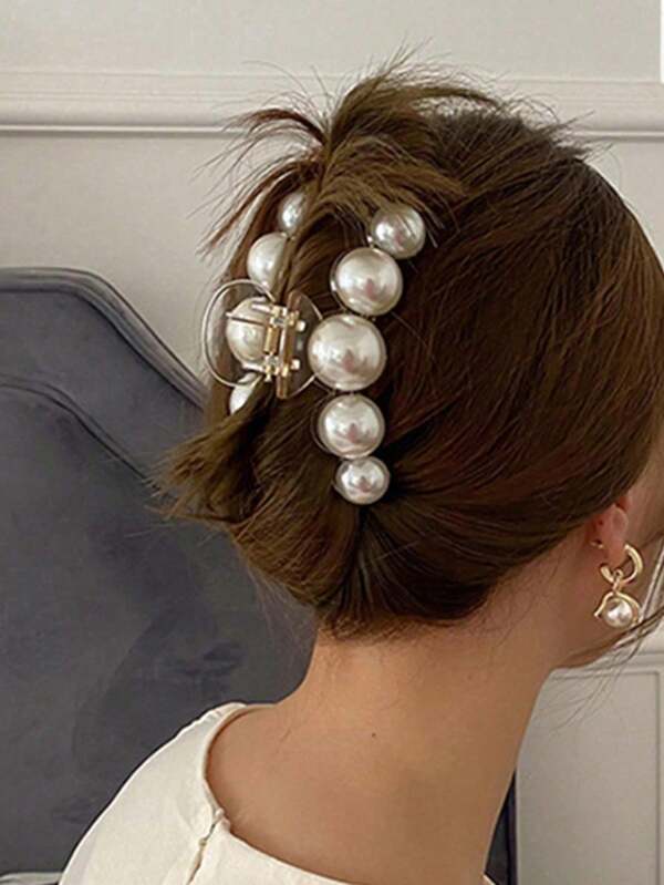 1pc Women Faux Pearl Decor Fashionable Hair Claw Clips Hair Jaw Clips, White Pearl Design Fashion Hair Accessories For Women Wedding Or Daily Hair Decorative For Thick Or Thin Hairs Elegant Summer