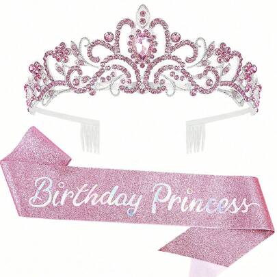 闪亮水钻水晶粉色皇冠头饰生日公主腰带和皇冠女士生日公主派对装饰配件