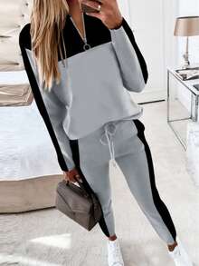 2pcs/Set Casual Color Block Long Sleeve Zip Up T-Shirt And Pants Outfit