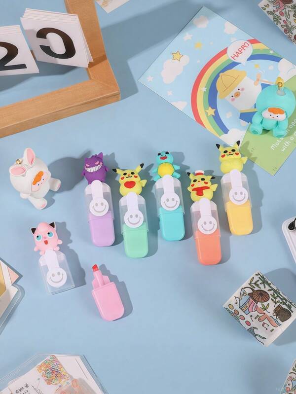 pokemon 6pcs/Set Pokémon Pikachu Mini Highlighters Set High-Quality Student Learning Stationery Colored Marker Pens, Acrylic F, Marker Pens, Colored Marking, Drawing Highlighters, Art Supplies For Artists, Students And Back To School Children, Graduation Gifts, The Best To School Gift For Kids