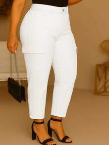 Plus Size Women's Elastic Skinny Cargo Pants, Autumn - White - View 5