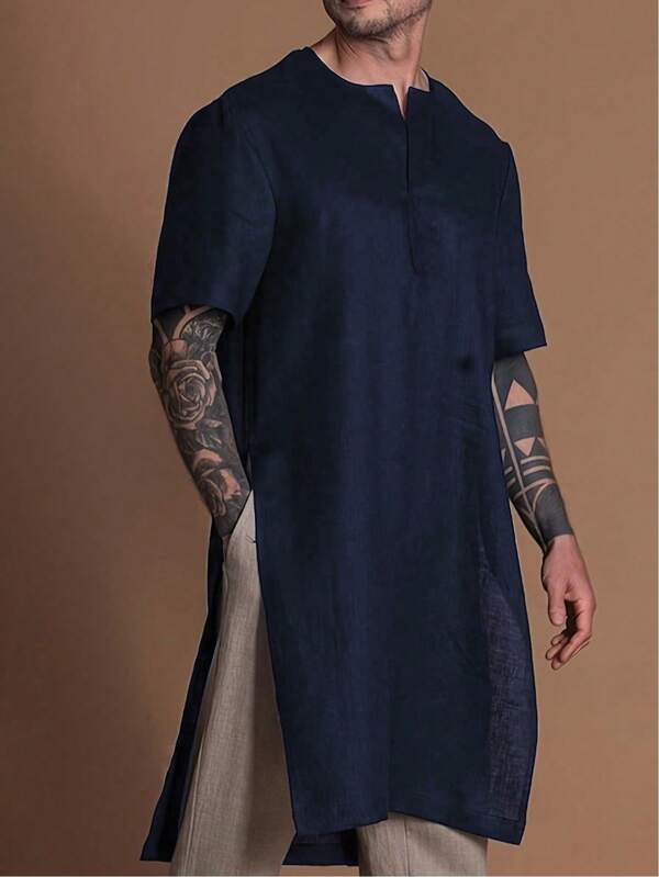 Camiseta larga casual para hombre, de unicolor, de tela suave tejida, con estilo minimalista y elegante, adecuada para salidas, actividades al aire libre, viajes, versátil y camiseta larga de manga corta esencial para hombres