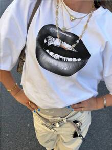 Hip Hop Lips, żebrowana bawełniana koszulka damska, styl college'owy wiosna lato nowe sportowe damskie, drapowana moda miękka oddychająca damska koszulka z krótkim rękawem