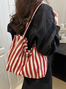 Chic Retro Striped Canvas Tote Bag, Large Capacity Spacious & Versatile, Ideal For Work, School Or Outdoor, Canvas Bag, Beach Bag [Stripe Color And Placement Random], School Supplies, School Bag, School Handbag, School Tote Bag, School Bookbag, Back To School Bags, Lightweight, Portable, Foldable, Classic Casual, Suitable For Teen Girls Women College Students, Perfect For Back To School, First Day Of School, Holiday, Vacation, Tote Bags For School,College Essentials