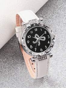 Conjunto de 6 piezas con correa de reloj de piel de PU blanco de moda, caja redonda de plata con patrón de lazo incrustado, reloj de cuarzo, collar, aretes, anillo, pulsera, mejor regalo de cumpleaños para ella, versátil para uso diario, fiesta, regreso a clases