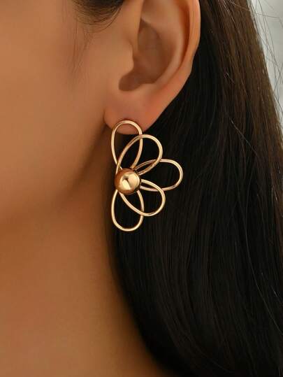 2pcs European & American Minimalist Fashion Alloy Metallic Wire DIY Woven Flower, Half 3D Floral; Zinc Alloy Geometric Golden Flower Earrings, Suitable For Vacation, Party, Daily Wear, Holiday Gift