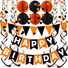 Black Orange Happy Birthday Banner Paper Triangle Flag Bunting Circle Confetti Dots Hanging Garland And Honeycomb Ball Swirl Streamers For Birthday Baby Shower Halloween Party Decoration Home Decor Halloween Decor Fall Decor Room Decor