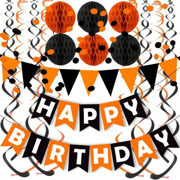 Black Orange Happy Birthday Banner Paper Triangle Flag Bunting Circle Confetti Dots Hanging Garland And Honeycomb Ball Swirl Streamers For Birthday Baby Shower Halloween Party Decoration