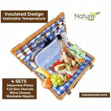 [Envíos locales] Cesta de picnic de exterior con asa, tejida aislada para 4 personas, incluye vajilla, copas de vino y manta, color azul y blanco - Rojo y blanco - Ver 4