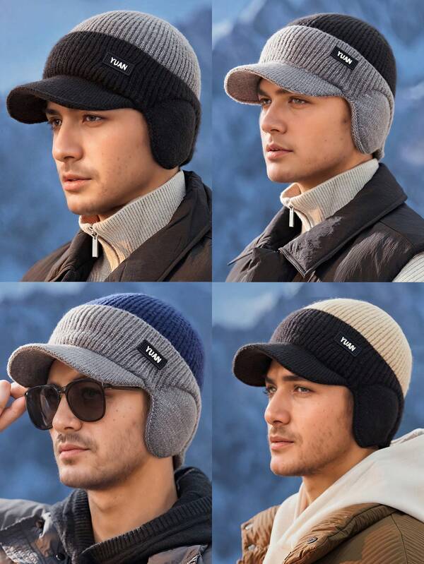 1 件男士双色拼接棒球帽，温暖厚实防风户外冬帽，时尚休闲街头服饰，适合日常使用无檐便帽秋季装