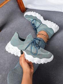 天蓝色女式跑步鞋，适合跑步、健身、户外休闲，透气、柔软、轻便、不对称特色外底，圆头装饰鞋带休闲步行鞋 - 天藍 - 查看 2