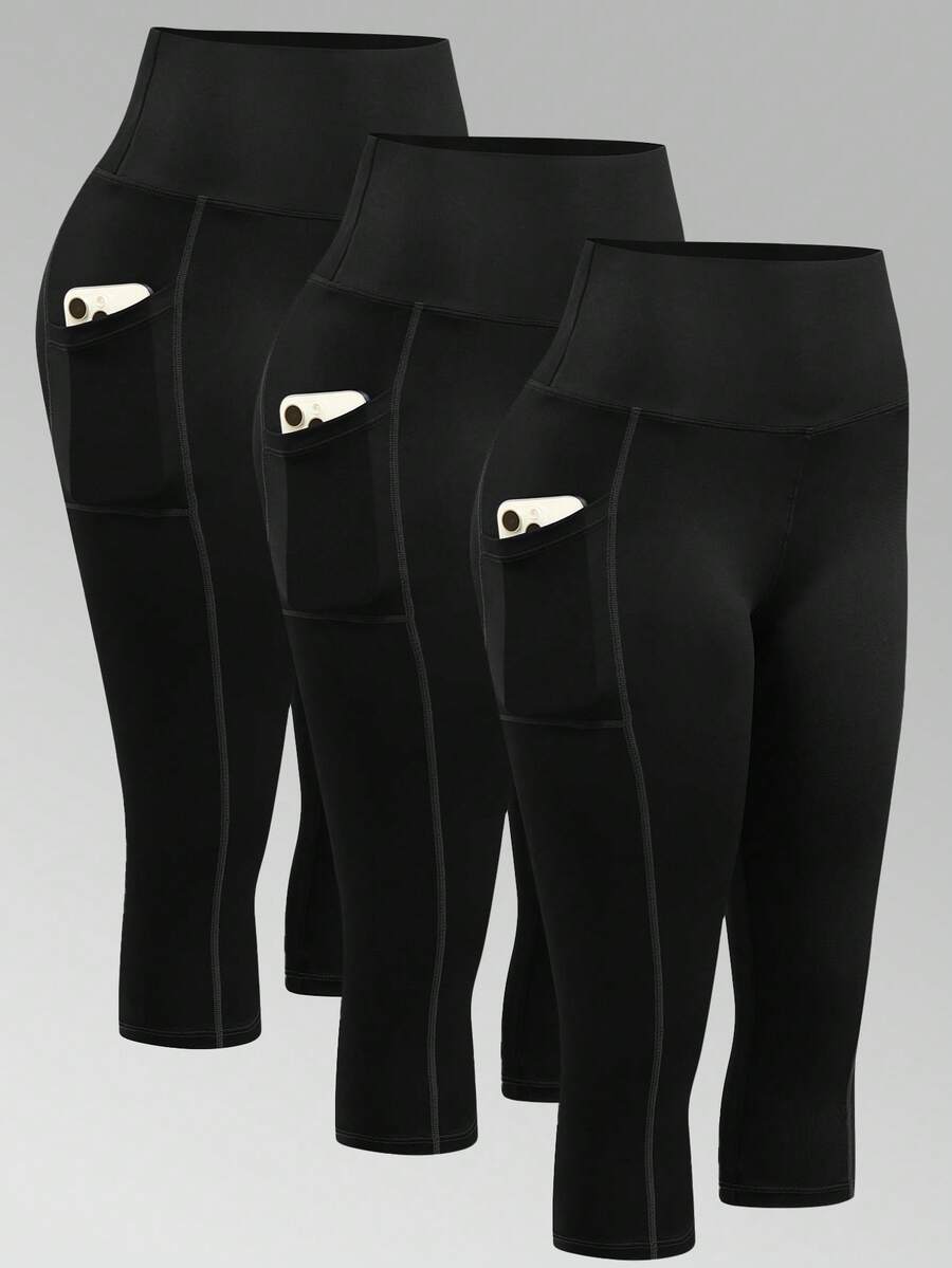 3 件套瑜伽七分裤，高腰，休闲运动，百搭，两侧有口袋，简约风格办公室穿着，紧身高弹裤，春夏 - 黑色 - 查看 1