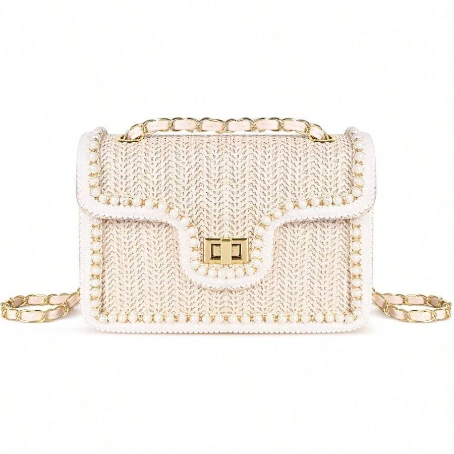 Straw Crossbody Bags For Women Summer Pearl Straw Clutch Purse Woven Shoulder Bag Vacation Handbags-0029 - Medium - 查看 1