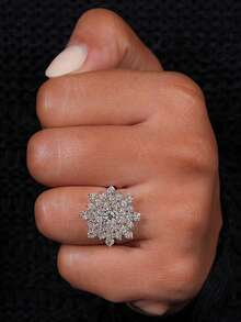 ESBERRY 1 件 S925 纯银圆形雪花戒指，镶有钻石，女士戒指，精致独特，适合舞会、聚会和派对，精美女士珠宝礼物 - 閃耀雪花戒指 - 查看 5