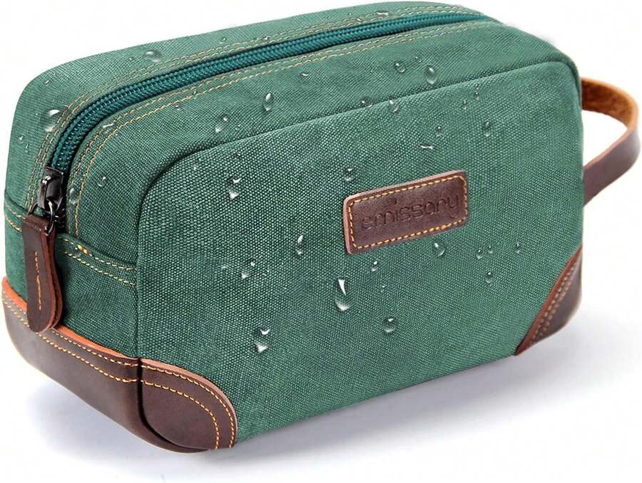 Men's Toiletry Bag, Leather And Canvas Travel Toiletry Bag, Dopp Kit For Men, Travel Bathroom Bag Men's Shaving Kit, Travel Kit Small Bags For Men, Shaving Bag For Travel Accessories (Green) - 綠色 - 查看 1