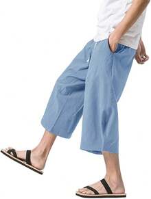 MAGNIVIT Men's Linen Cotton Pants Loose Fit Elastic Waist Wide Leg Baggy Harem Pants - Sky Blue - 查看 6