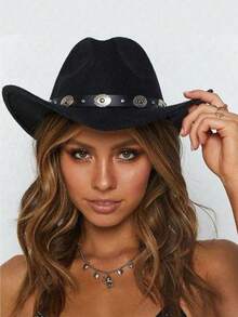 Uma cartola clássica de cowboy do oeste com um charme feminino, versátil e elegante. Combinada com um cinto decorativo removível, é perfeita para usar em festas, passeios e eventos. - Chapéu feminino redondo decorado com moedas - Ver 1