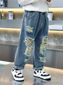 Boys' Loose Fit Distressed Casual Denim Jeans, Suitable For Daily, School, Outdoor Wear, Autumn