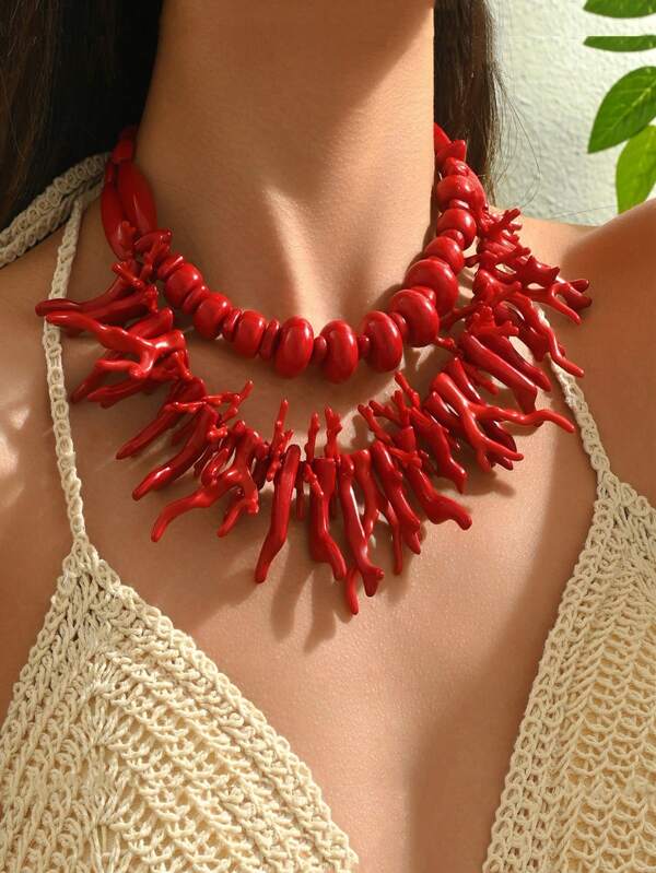 1pc Fashionable Women Multi-Layer Coral Design Long Necklace With Geometric Pendant Set, Versatile Wear For Vacation