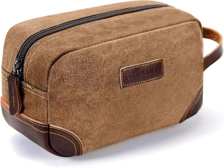 Men's Toiletry Bag, Leather And Canvas Travel Toiletry Bag, Dopp Kit For Men, Travel Bathroom Bag Men's Shaving Kit, Travel Kit Small Bags For Men, Shaving Bag For Travel Accessories (Brown) - 棕色 - 查看 1