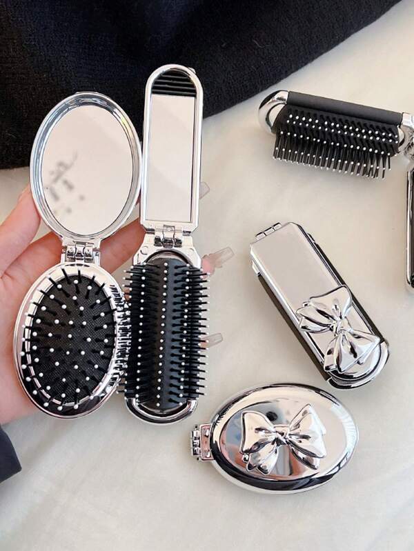 1pc Foldable Comb With Bowknot Combo, Electroplated Mirror Foldable Comb, Portable Travel Comb With Electroplated Bowknot For DIY Personalized Small Comb Gift