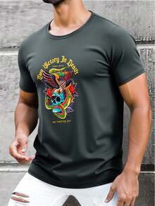 Shendy Vendy Playera de Hombre Estampada con Diseño Gráfico Frontal Cráneo, Serpiente, Alas y Flores y texto "True Victory in Death", Camiseta Casual 100% Algodón Suave y Cómoda, Ideal para Uso Diario, Estilo Urbano Masculino Top Moda, Ropa Moderna para Hombre Adulto en Varios Colores - Gris plomo - Ver 2