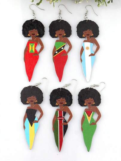 1 Pair UV Printed Beautiful Woman, Map, National Flag, African Geography, African Woman Wooden Earrings, Vintage Party African Jewelry DIY Club Gift