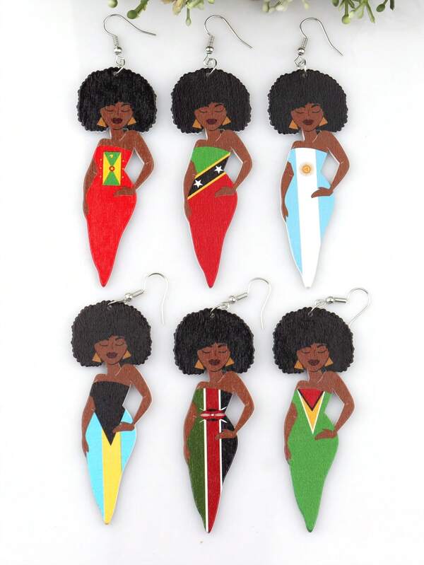 1 Pair UV-Printed Beautiful Woman, Country Flags, African Geography, African Lady Wooden Earrings, Vintage Party African Jewelry DIY Club Gift