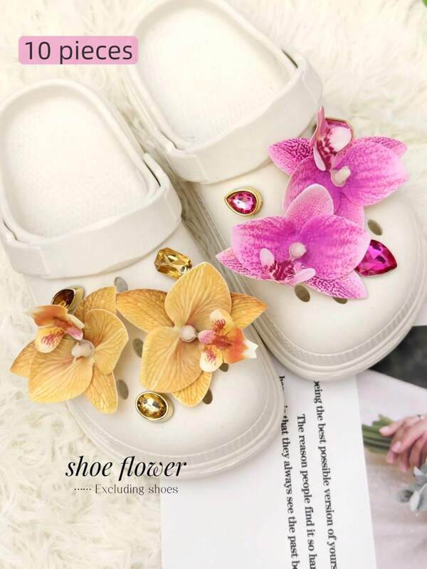 10pcs Beach Style Shoe Accessories, Luxury ABS Plastic Rhinestone Faux Flower Shoe Decorations, Creative & Elegant Shoe Clips, Multifunctional Summer Beach Shoes, Sandals, Slippers Shoe Surface Decor (Shoes Not Included)