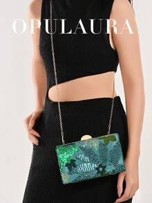 OpulAura 亮片刺绣花卉手拿包，女士时尚亮片拼布手提包，派对晚宴包，随机剪裁，适合女性，适合派对、婚礼、舞会、节日。非常适合派对、婚礼、舞会、晚会等场合，搭配节日派对礼服、晚礼服和亮片服装。 - 綠色 - 查看 8