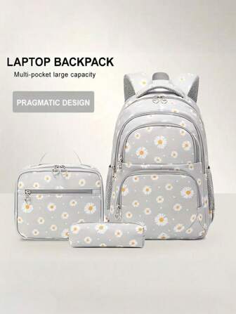 3pcs Floral Backpack Set With Lunch Box & Pencil Case, Large Capacity Multi-Compartment, Polyester Lined, Adjustable Comfortable Straps, Double Zipper Closure, Water Resistant, Back To School Gift