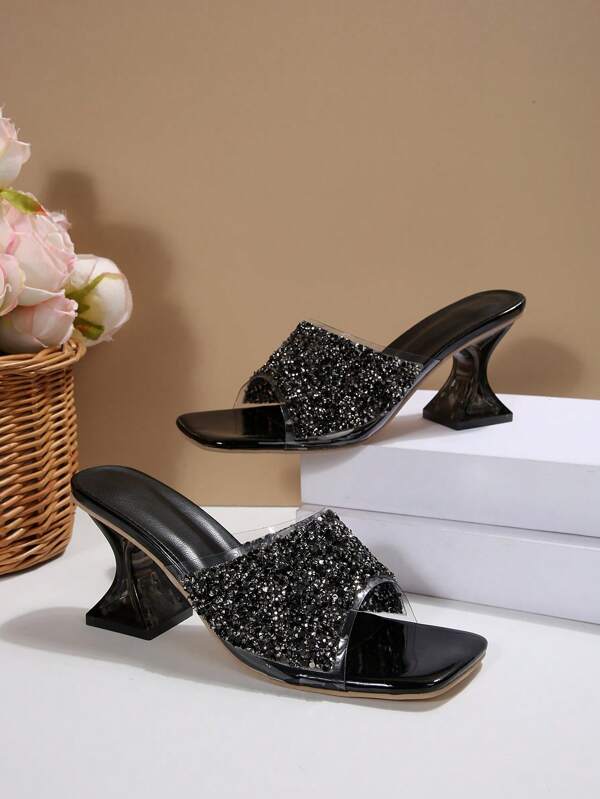 Sandalias de tacón alto transparentes de verano con ajuste ancho para mujeres, sandalias de tacón asimétrico de cristal de moda, sandalias extra anchas decoradas con rhinestones, sandalias de tacón alto extra anchas en color negro, sandalias de talla grande