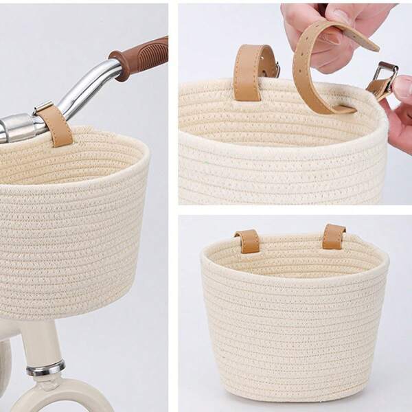 1 pieza Cesta para bicicleta tejida a mano con cuerda - Diseño de patrón colorido, asa duradera, adecuada para bicicleta, scooter y bicicleta de equilibrio - Plegable, desmontable, cesta delantera para bicicleta, regalo para el Día de San Valentín, Pascua, Día de la Madre, Día de la Mujer, actualización para bicicleta de equilibrio, textura trenzada natural