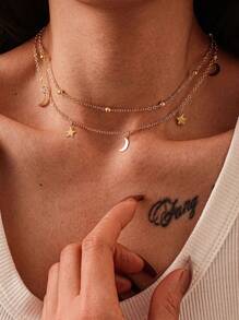 1pc Women Fashion Necklace With Star & Moon Pendant, Double Layer Simple Geometric Beaded Choker Necklace