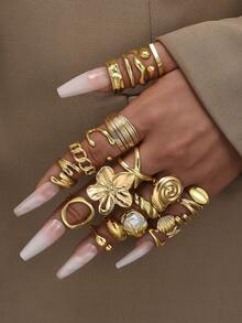 8pcs/5pcs/3pcs Set Exaggerated Chunky Asymmetrical Hollow Smooth Wide Band Rings, European American Women Rings Gift Set For Birthday, Vacation, Party, Daily Match - Yellow Gold - View 8