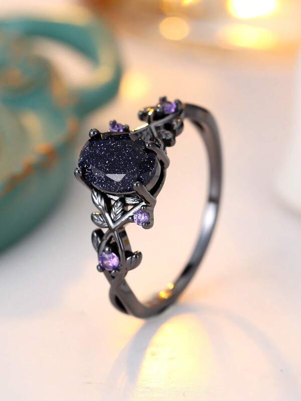 Elegant Vintage-Style Egg-Cut Ring - Synthetic Deep Blue, Gunmetal Black Finish, Copper Band With Intricate Filigree Design, Perfect For Mother'S Day & Special Occasions, Everyday Elegant Jewelry|Elegant Ring Design|Intricate Filigree Setting, Copper Ring
