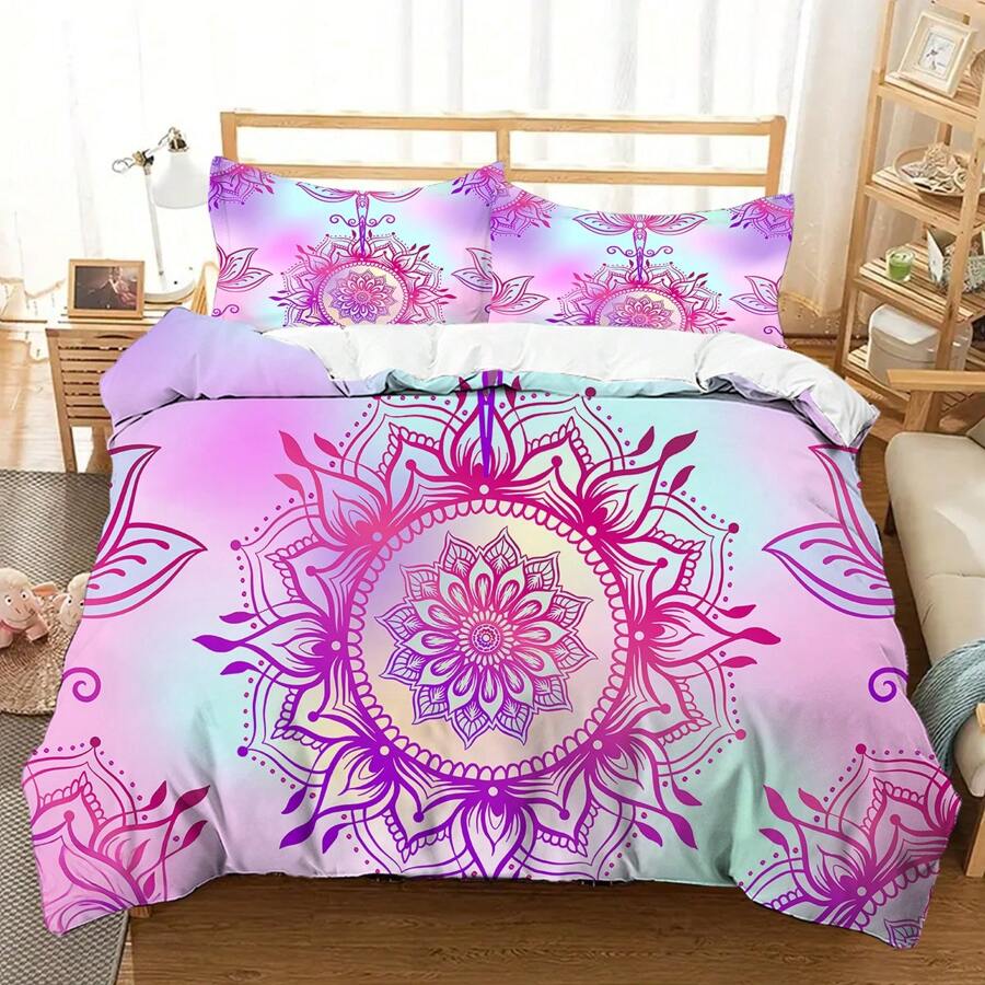 3PCS Mandala Pattern Duvet Cover Set, Hotel & Bedroom Decor Bedding Set, Polyester Soft Skin-Friendly For Master Bedroom, Guest Room, All Season (1*Duvet Cover+2*Pillow Shams, No Insert)